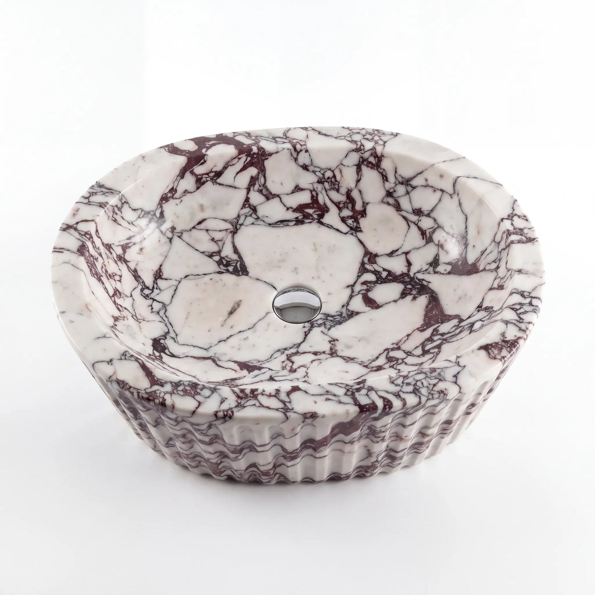 Front view of RMD-146 Viabella round Calacatta Viola marble vessel sink with polished finish