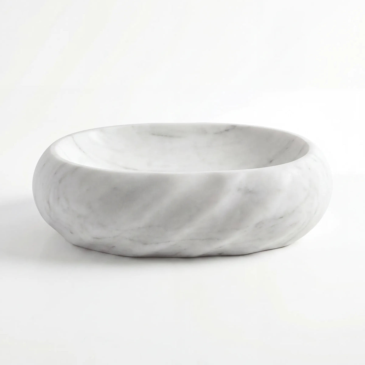 Front view of RMD-147 Carrenza round Carrara white marble vessel sink with polished finish