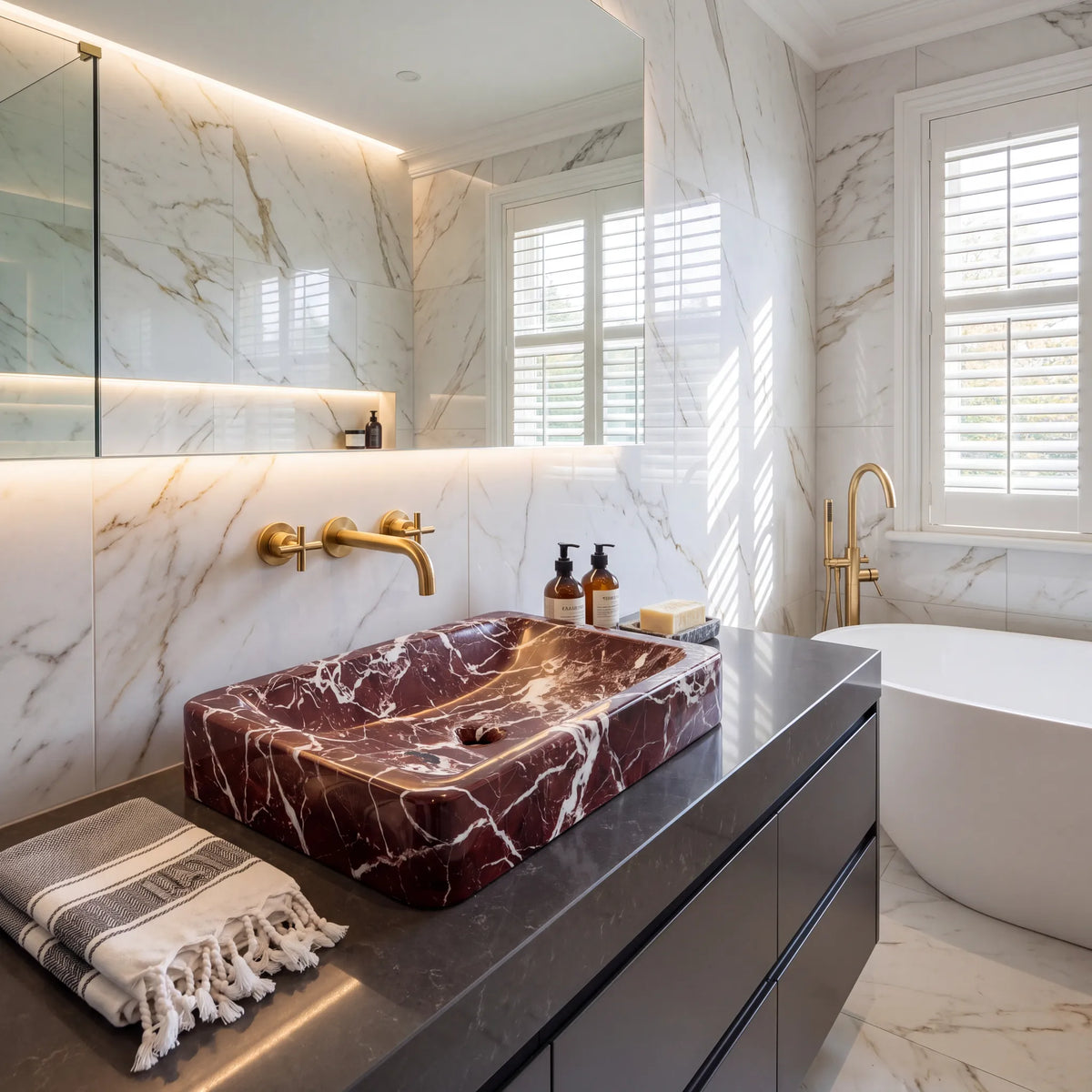RMD-148 Rosavienne oval Rosso Levanto marble vessel sink styled on an elegant bathroom vanity