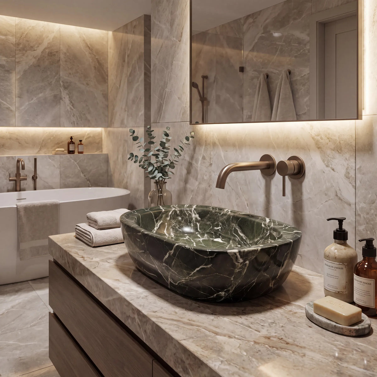RMD-149 Verdanza round green marble vessel sink styled on an elegant bathroom vanity