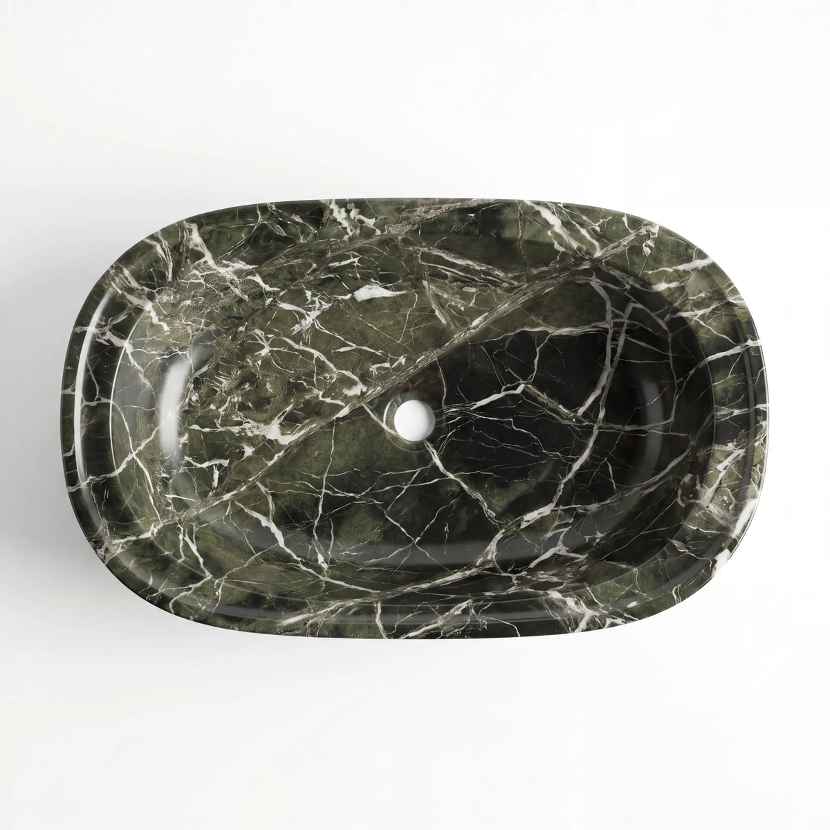 Detailed view of RMD-149 Verdanza green marble vessel sink showing distinctive natural veining
