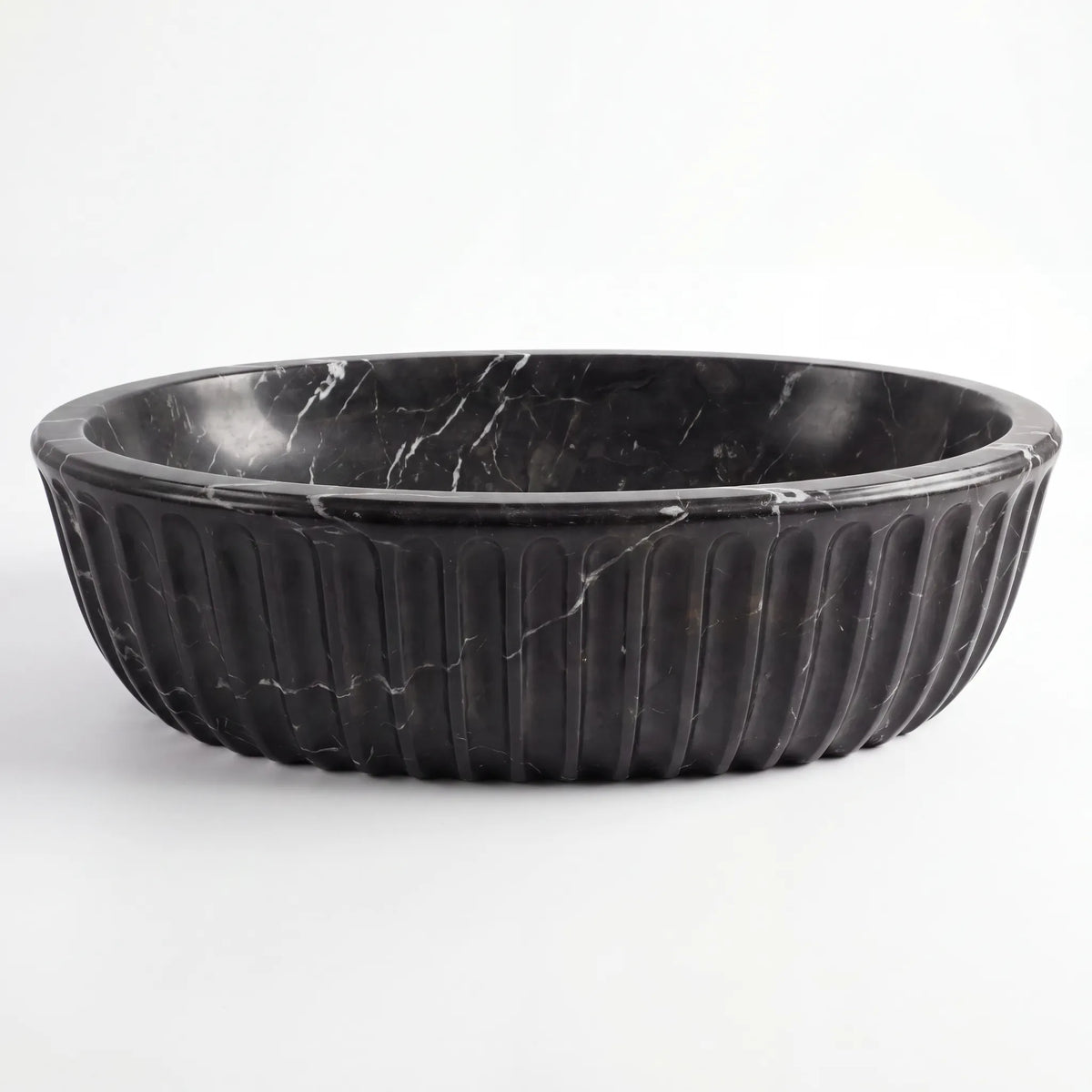 Front view of RMD-151 Neromere round Nero Marquina marble vessel sink with polished finish
