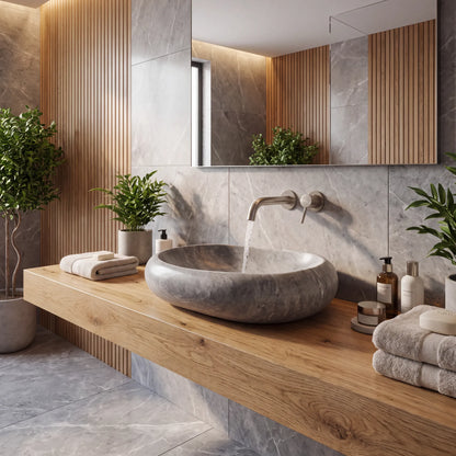 RMD-153 Round Grey Marble Vessel Sink Basin