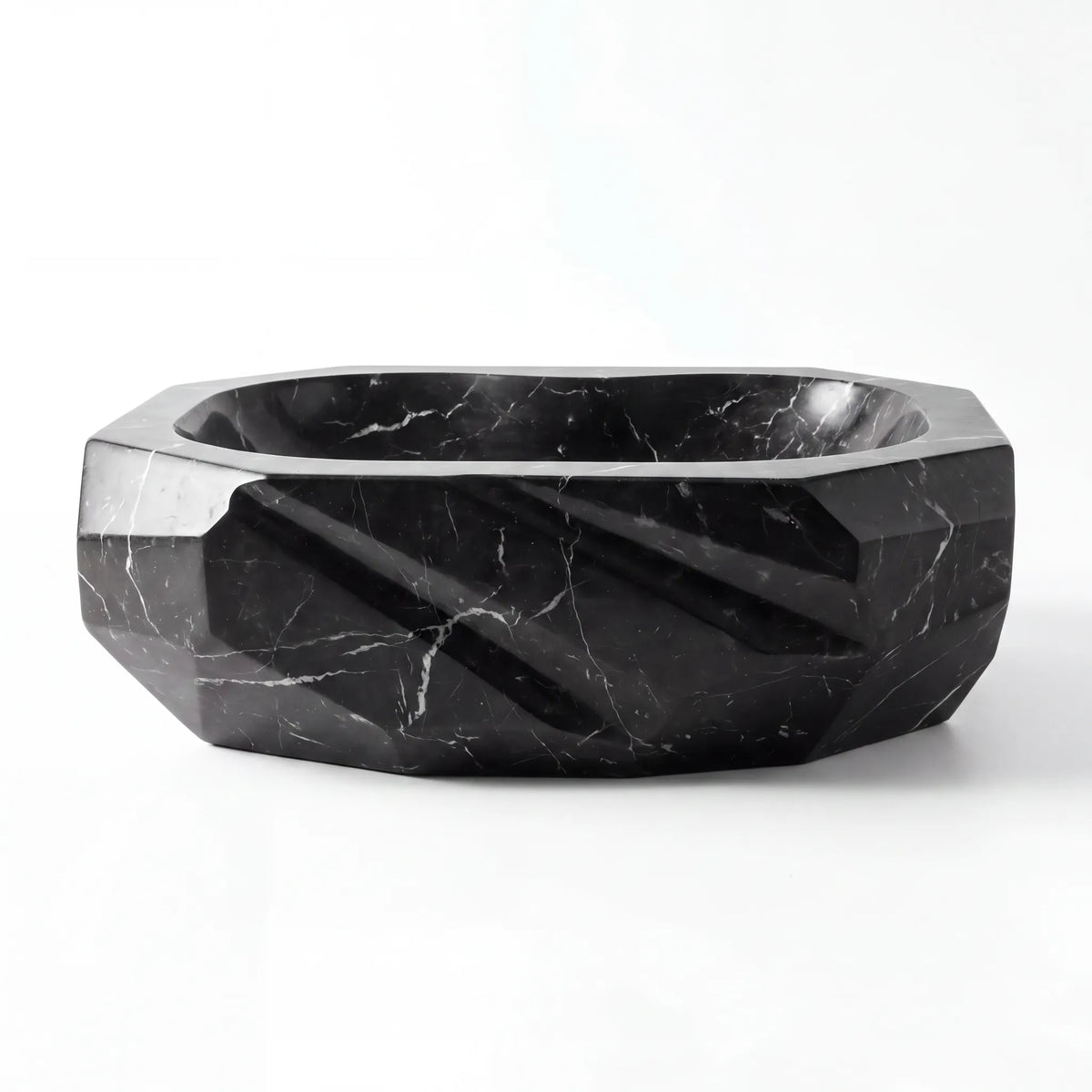 Front view of RMD-154 Nerovara rectangular Nero Marquina marble vessel sink with polished finish