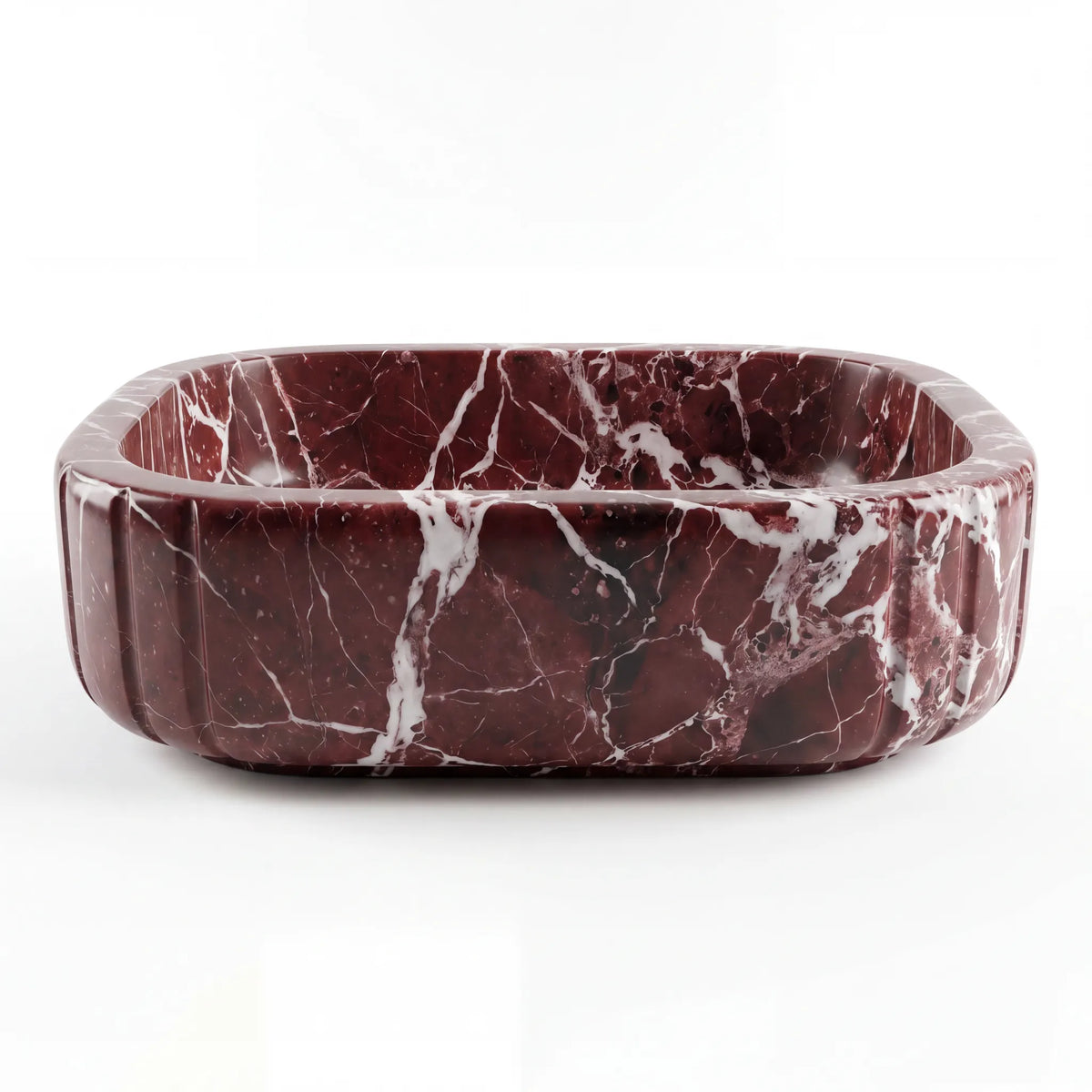 Front view of RMD-155 Rosavelle oval Rosso Levanto marble vessel sink with polished finish