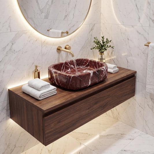 RMD-155 Rosavelle oval Rosso Levanto marble vessel sink styled on an elegant bathroom vanity