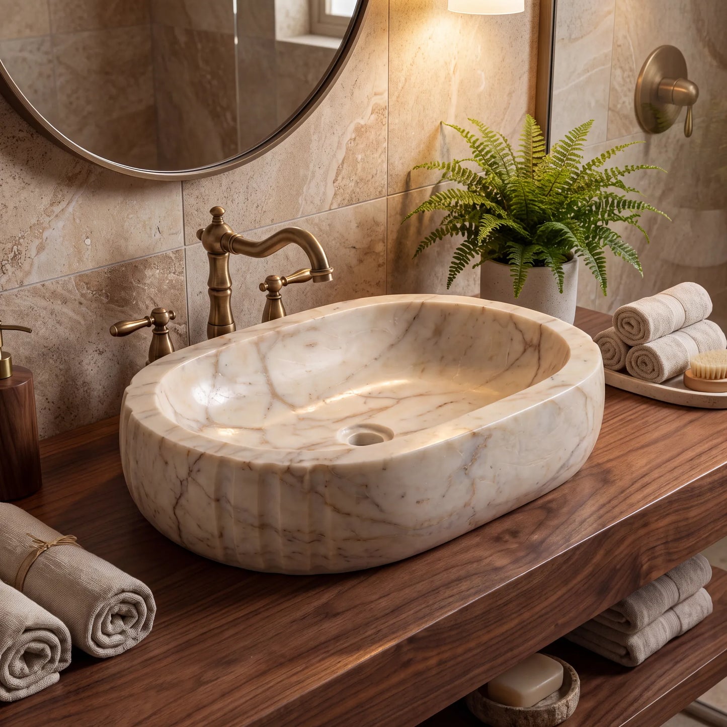RMD-156 Round Cream and Bej Marble Vessel Sink Basin