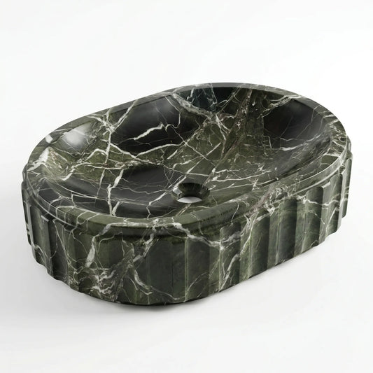 RMD-157 Veraluna oval green marble vessel sink with rich natural veining