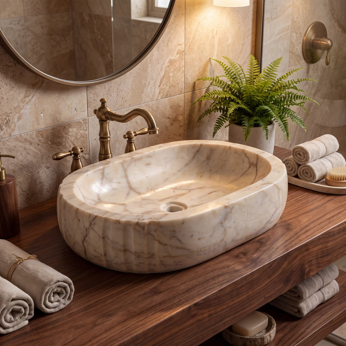 RMD-159 Aurevane round Calacatta Gold marble vessel sink styled on an elegant bathroom vanity