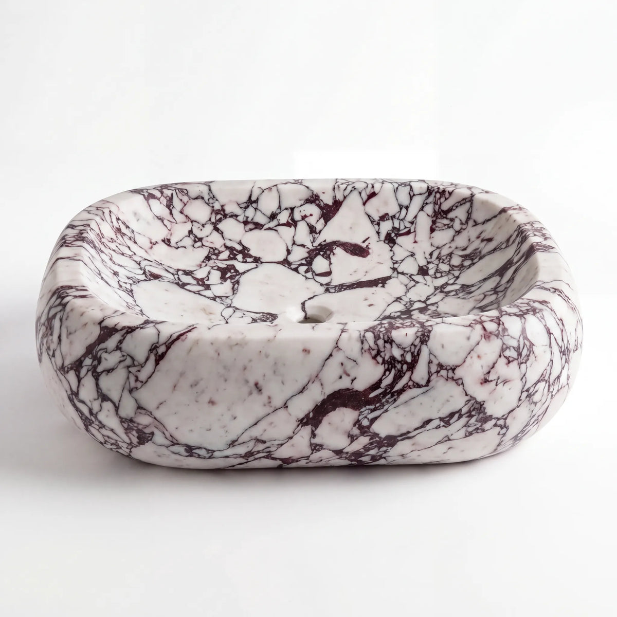 Front view of RMD-160 Violara round Calacatta Viola marble vessel sink with polished finish