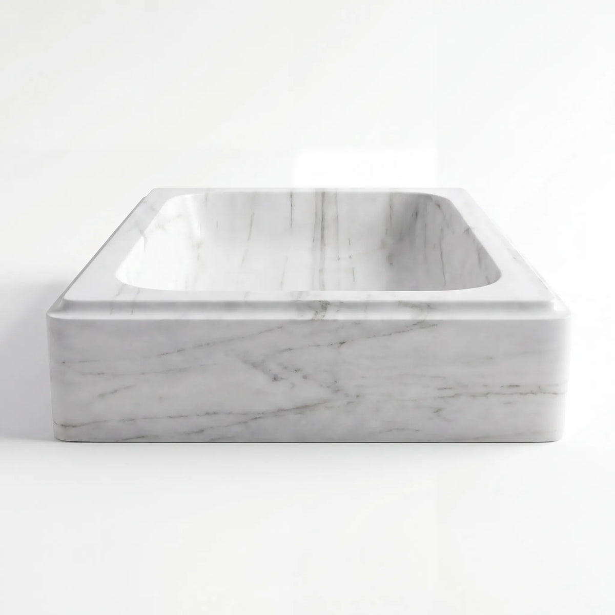 Front view of RMD-162 Carravelle round Carrara white marble vessel sink with polished finish
