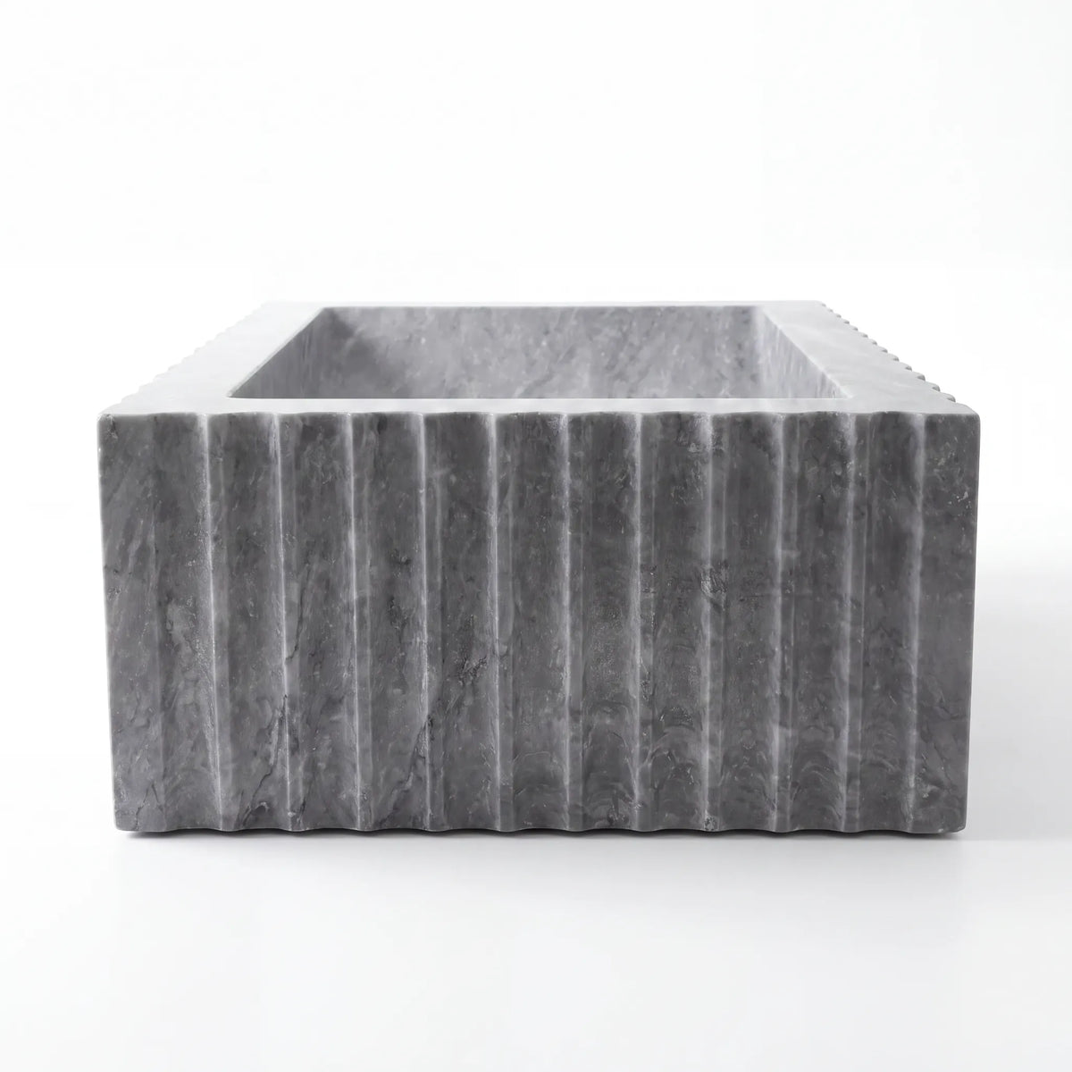 Front view of RMD-164 Grivana round grey marble vessel sink with polished finish