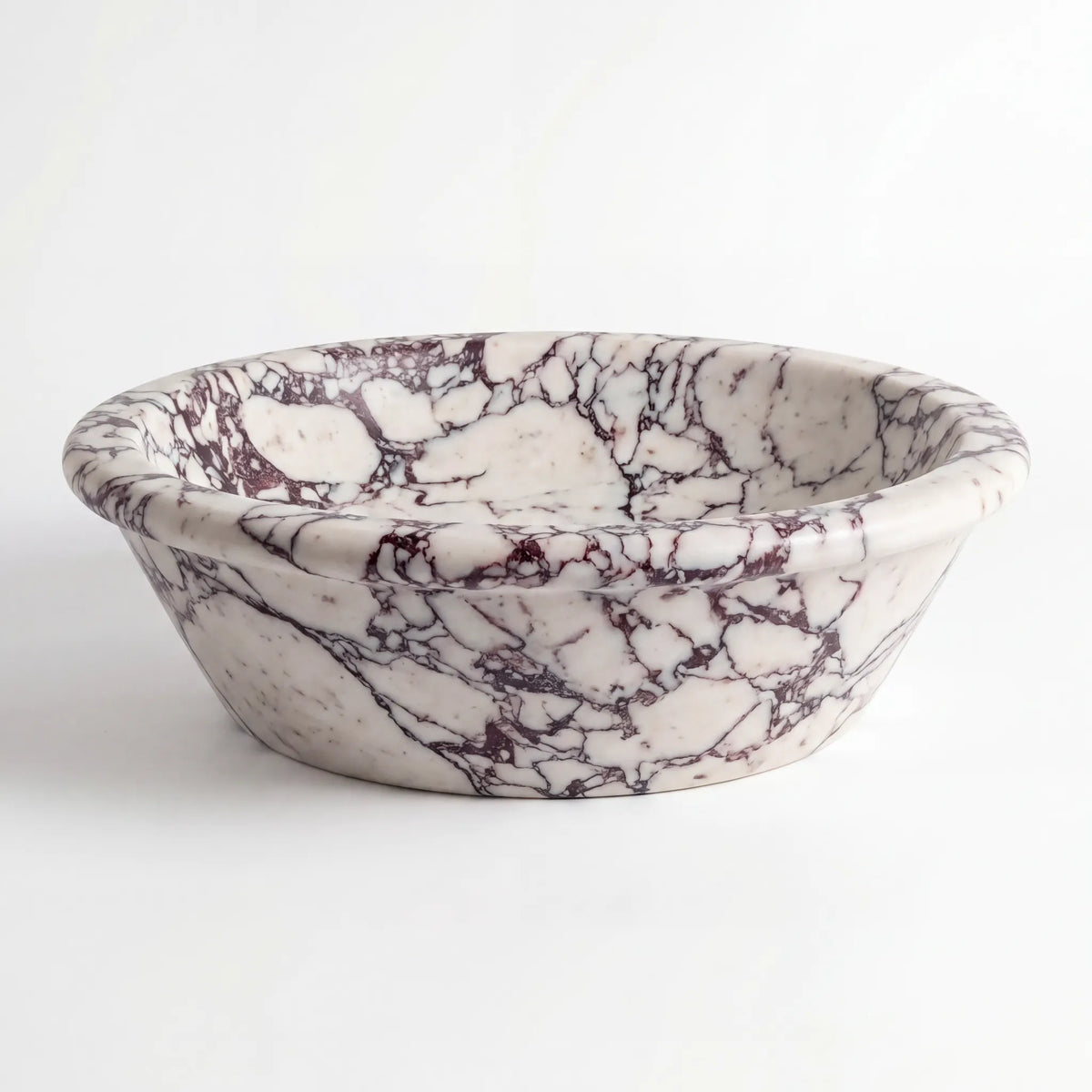 Front view of RMD-165 Viorella round Calacatta Viola marble vessel sink with polished finish