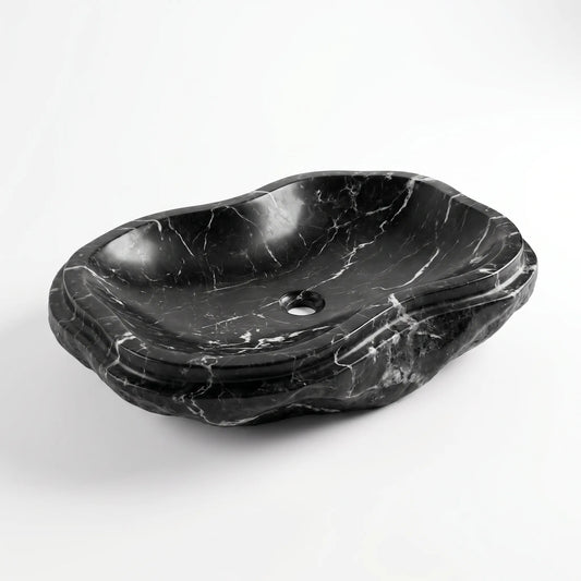 RMD-166 Nerovia round Nero Marquina marble vessel sink with striking natural veining