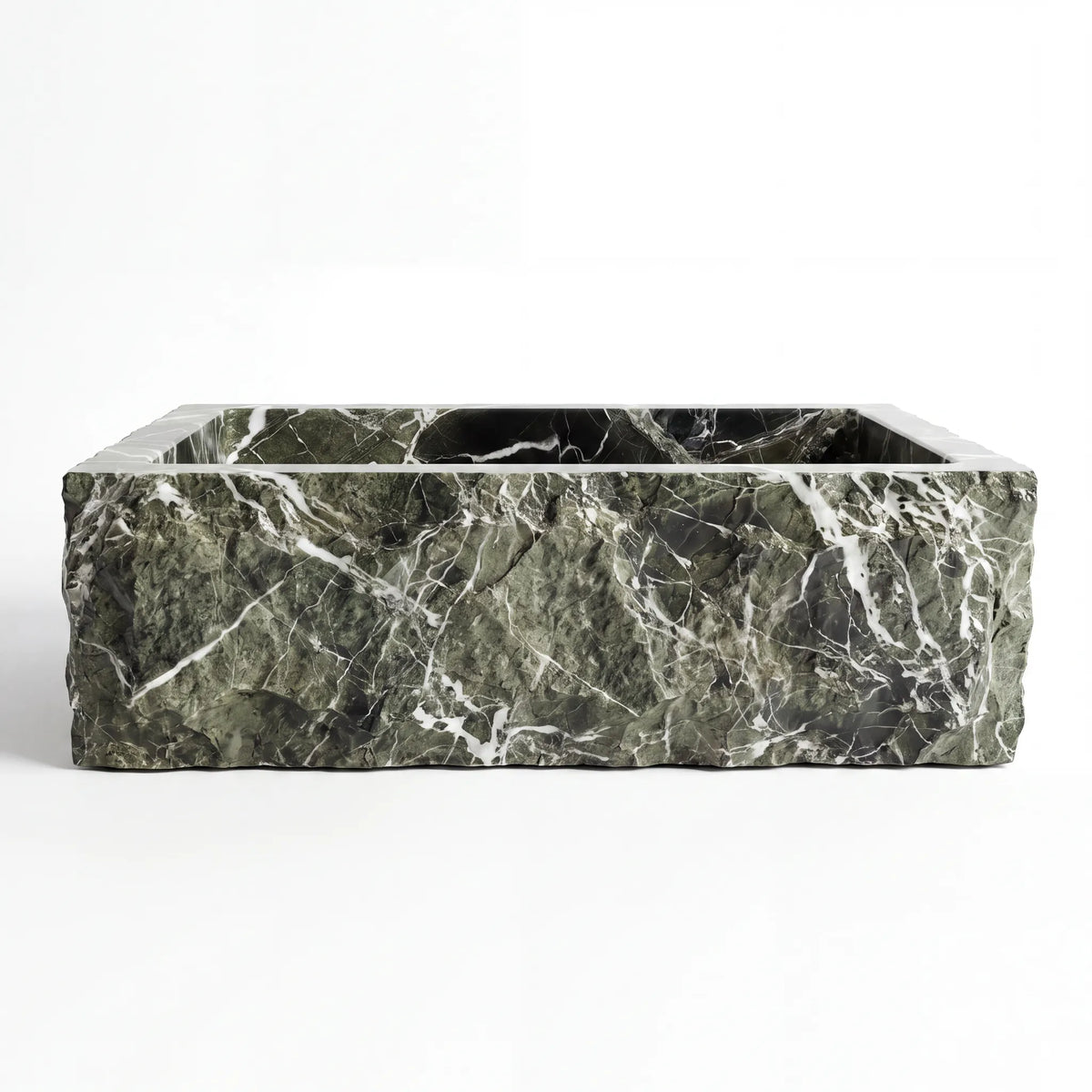 Front view of RMD-167 Verdanique round green marble vessel sink with polished finish