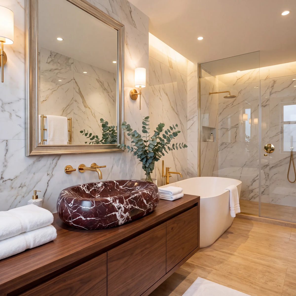RMD-168 Rossera round Rosso Levanto marble vessel sink styled on an elegant bathroom vanity