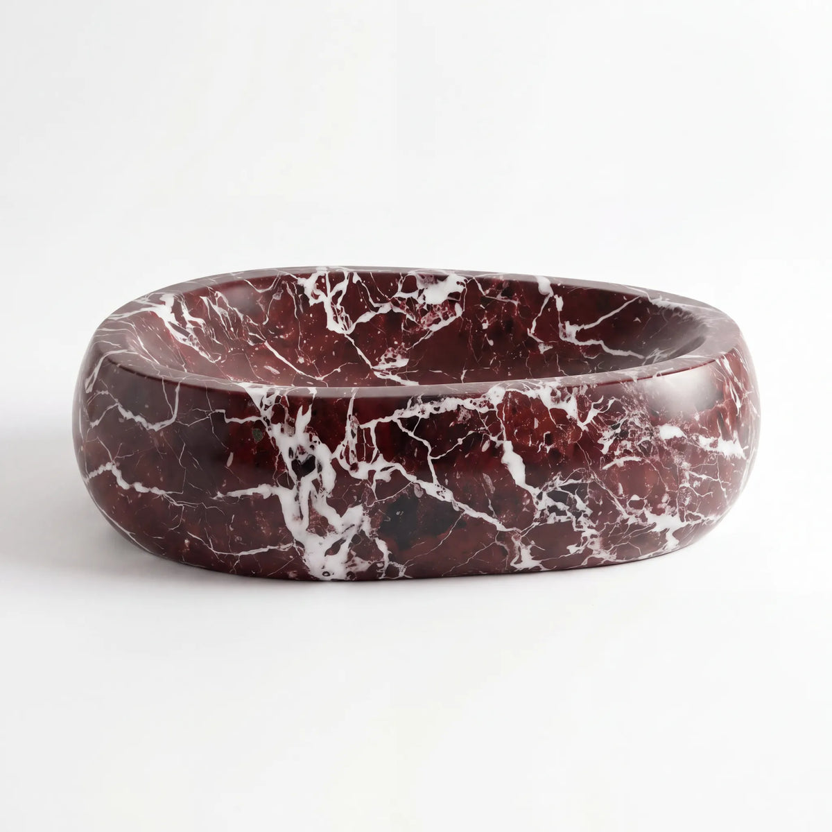 Front view of RMD-168 Rossera round Rosso Levanto marble vessel sink with polished finish