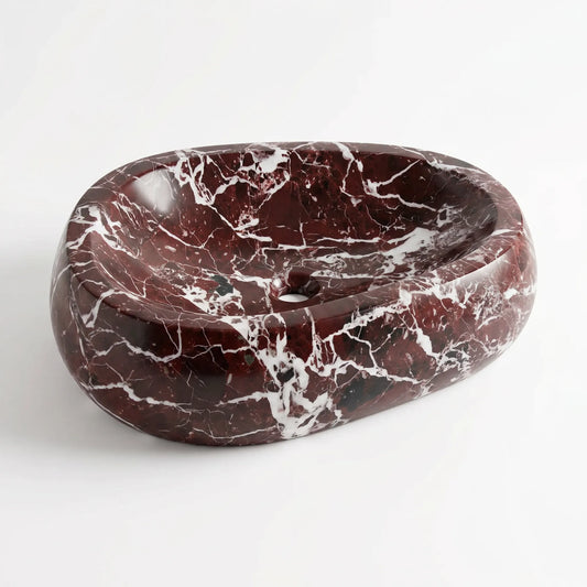 RMD-168 Rossera round Rosso Levanto marble vessel sink with dramatic natural veining
