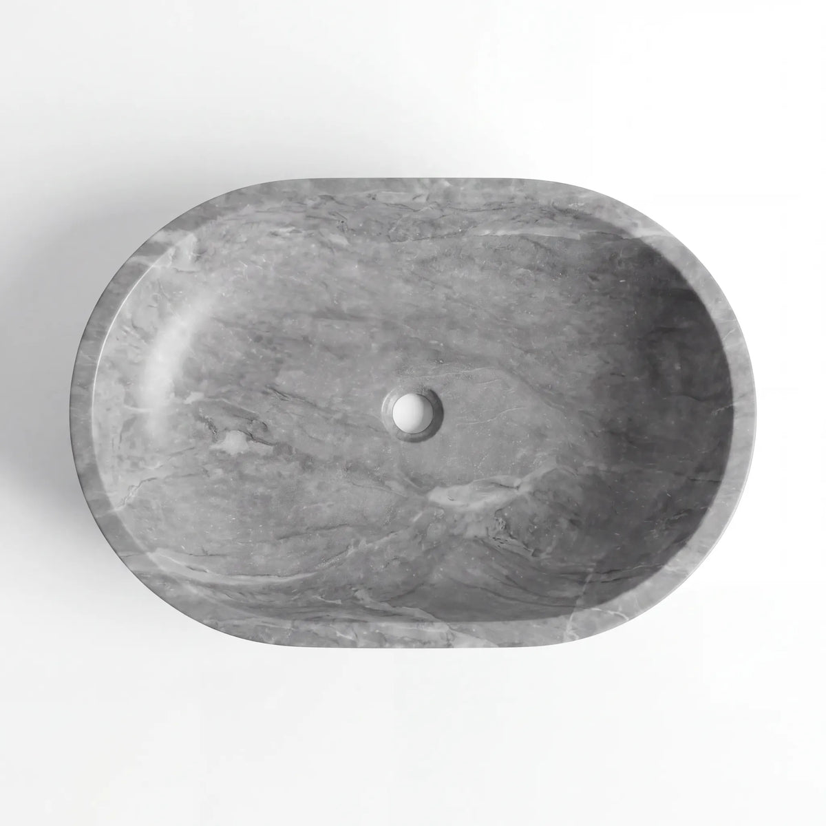 Detailed view of RMD-169 Griselva grey marble vessel sink showing distinctive natural veining