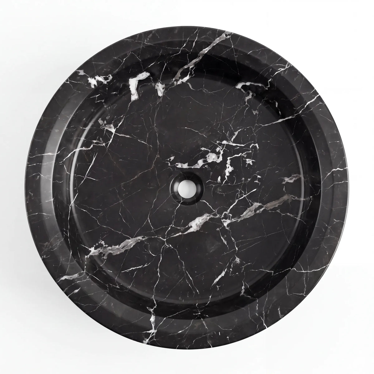 Detailed view of RMD-170 Neromont Nero Marquina marble vessel sink showing distinctive natural veining