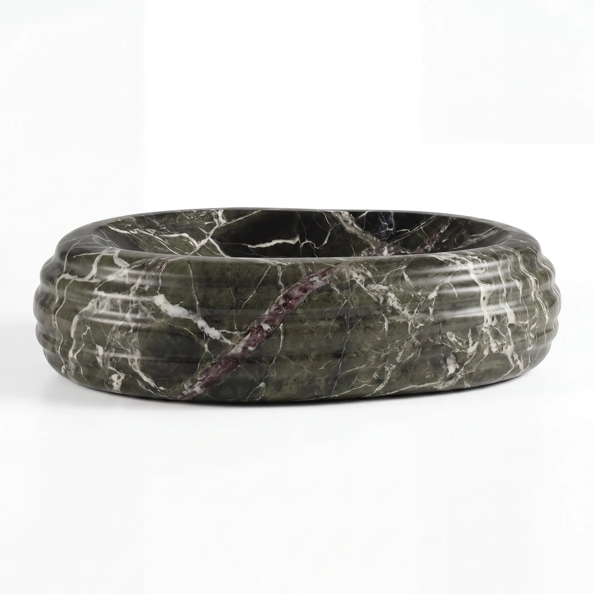 Front view of RMD-172 Verdemonte rectangular green marble vessel sink with polished finish