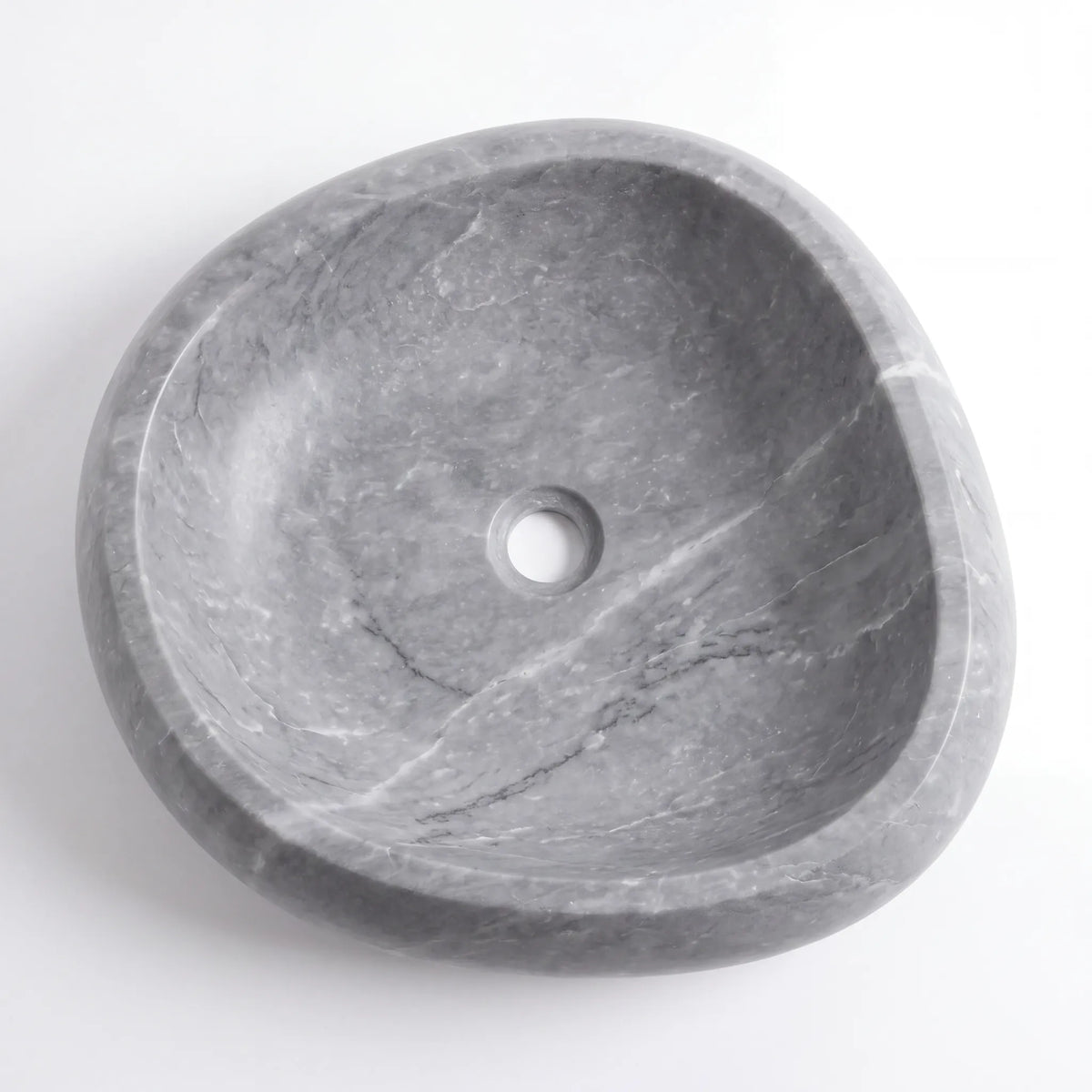 Detailed view of RMD-173 Grivora grey marble vessel sink showing distinctive natural veining