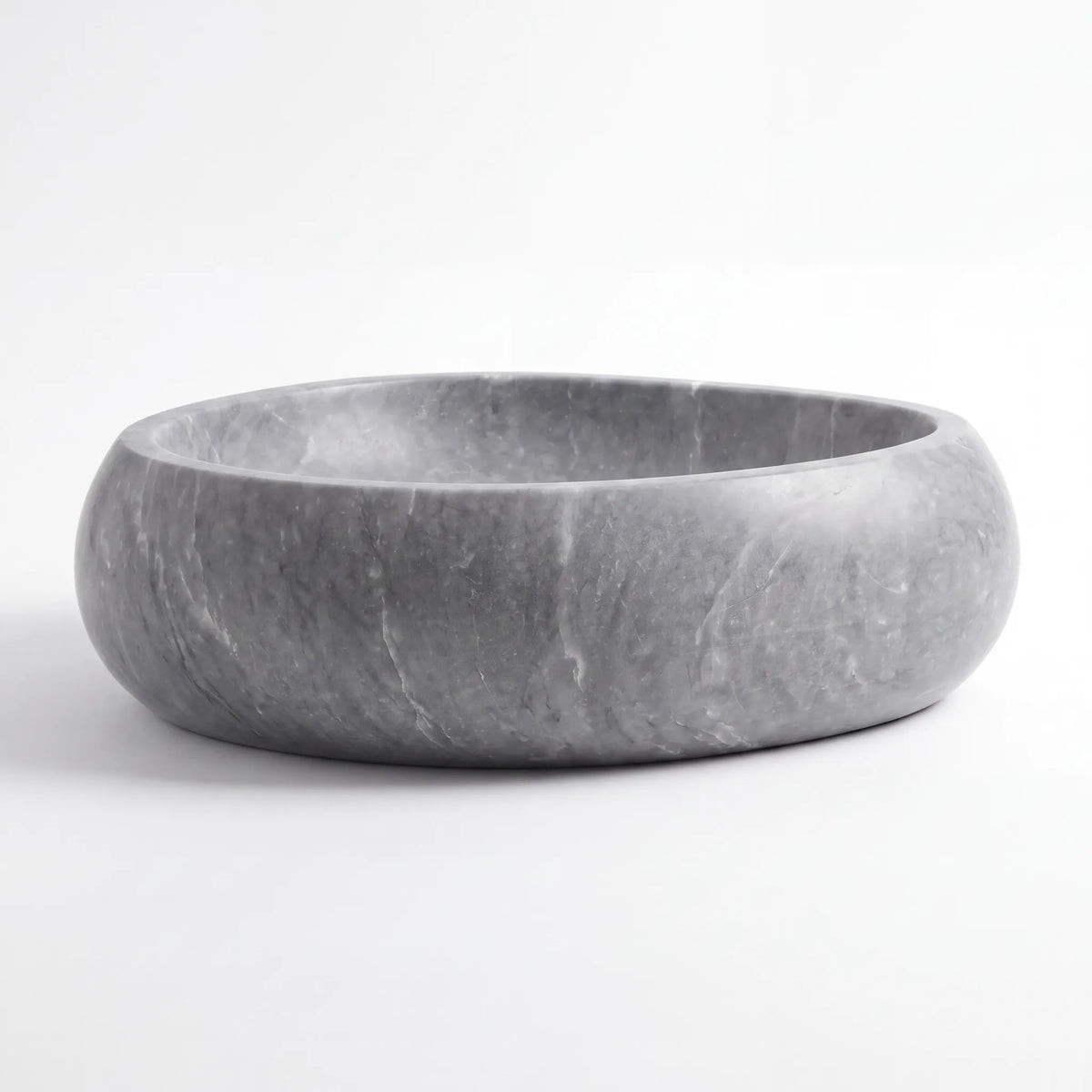 Front view of RMD-173 Grivora round grey marble vessel sink with polished finish