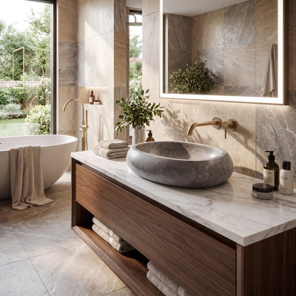 RMD-173 Round Grey Marble Vessel Sink Basin