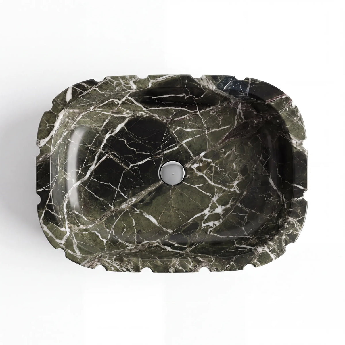 Detailed view of RMD-174 Verdienne green marble vessel sink showing distinctive natural veining