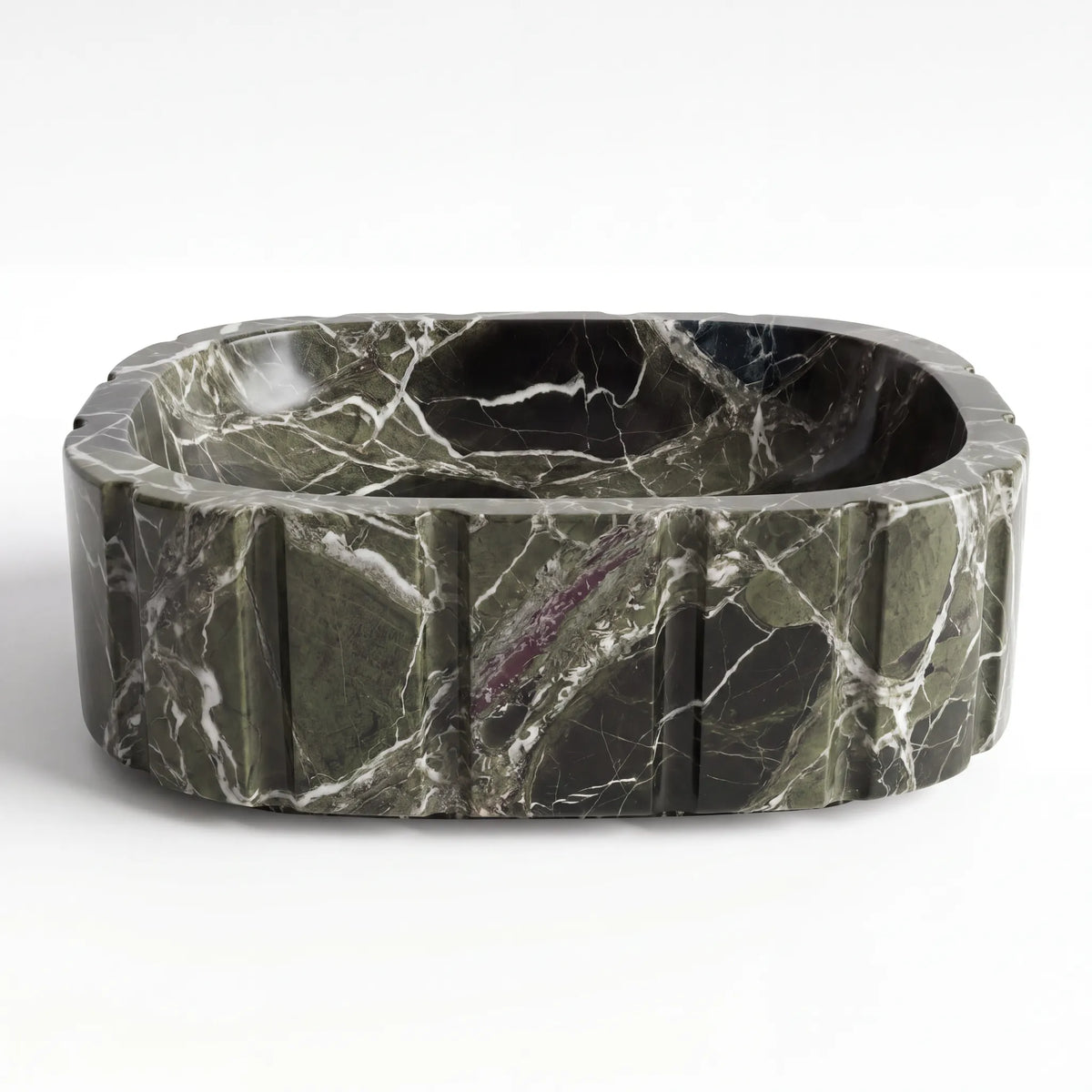 Front view of RMD-174 Verdienne oval green marble vessel sink with polished finish