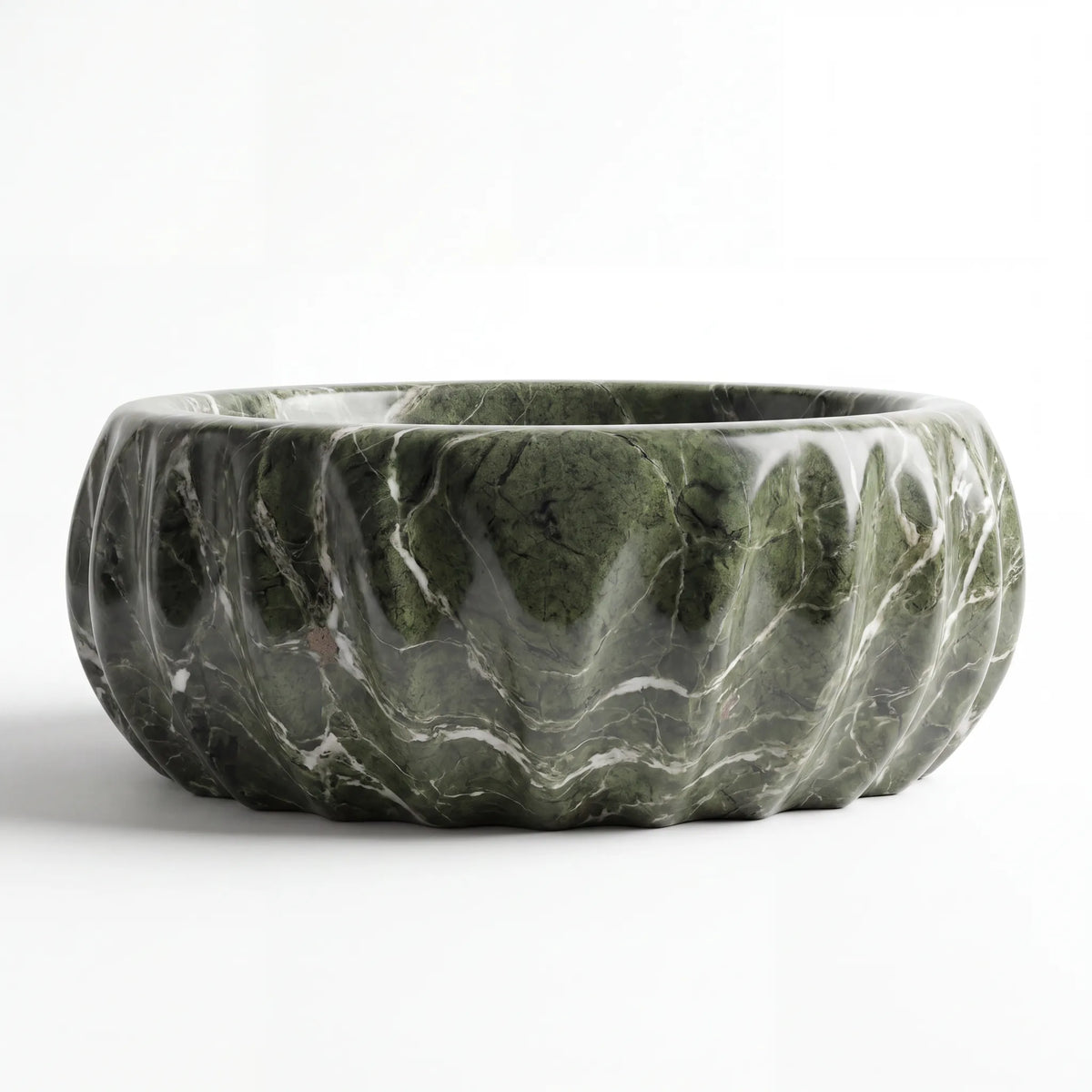 Front view of RMD-175 Verdoria round green marble vessel sink with polished finish
