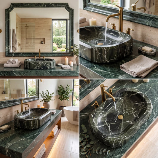 RMD-176 Veralisse oval green marble vessel sink styled on an elegant bathroom vanity