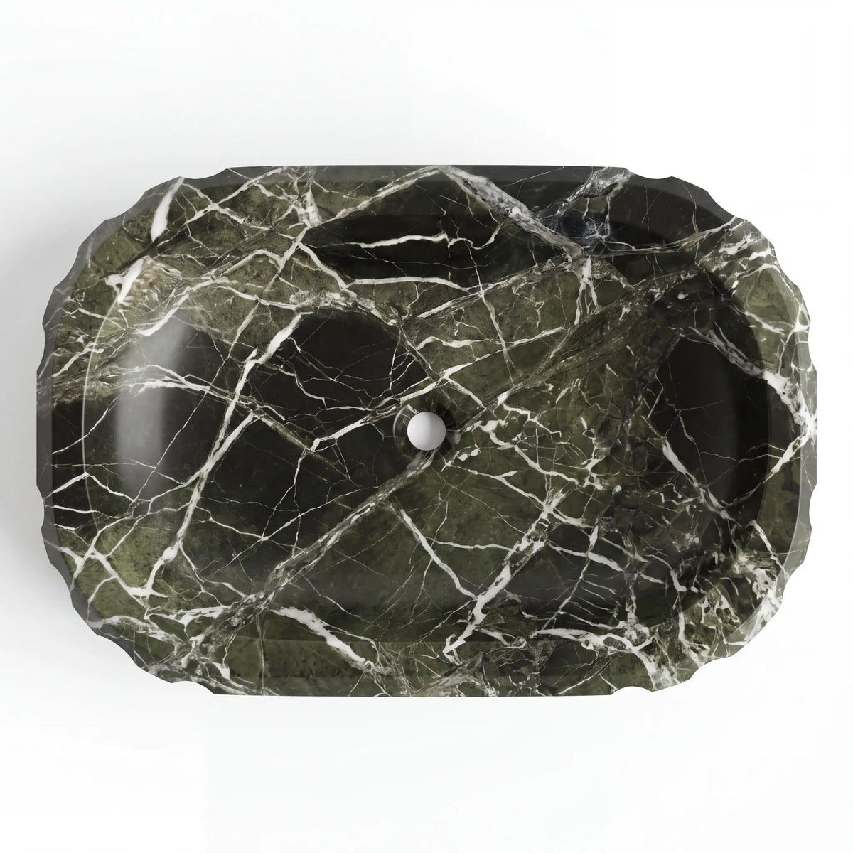 Detailed view of RMD-176 Veralisse green marble vessel sink showing distinctive natural veining