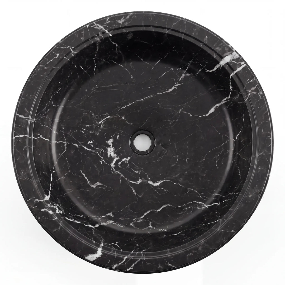 Detailed view of RMD-178 Nerovian Nero Marquina marble vessel sink showing distinctive natural veining