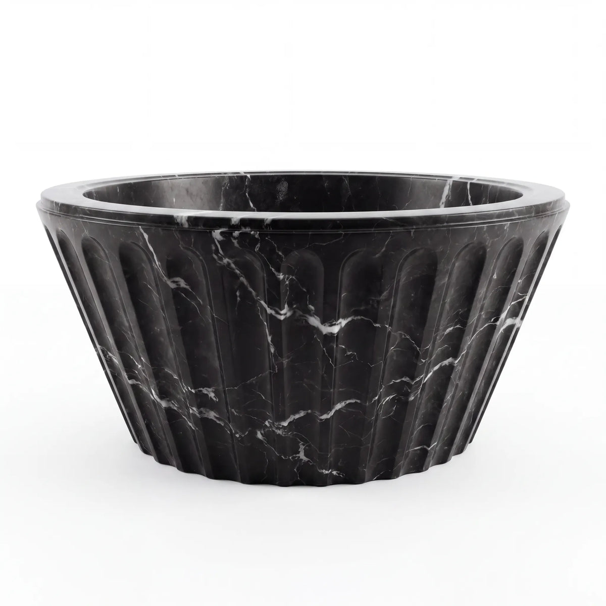 Front view of RMD-178 Nerovian round Nero Marquina marble vessel sink with polished finish