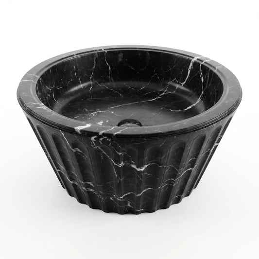 RMD-178 Nerovian round Nero Marquina marble vessel sink with striking natural veining