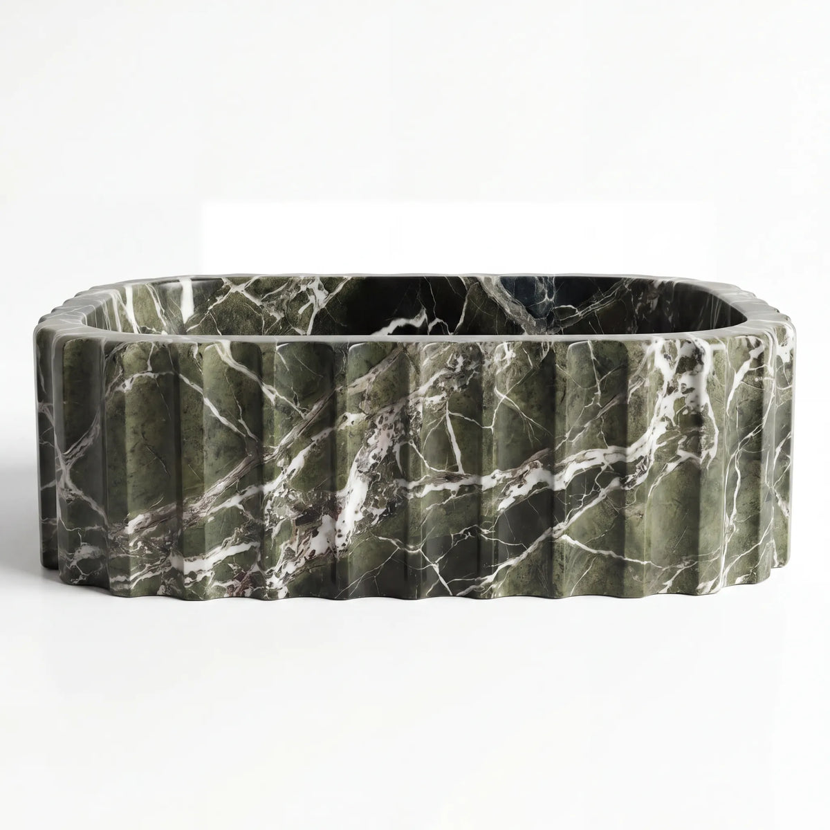 Front view of RMD-179 Verdessa round green marble vessel sink with polished finish