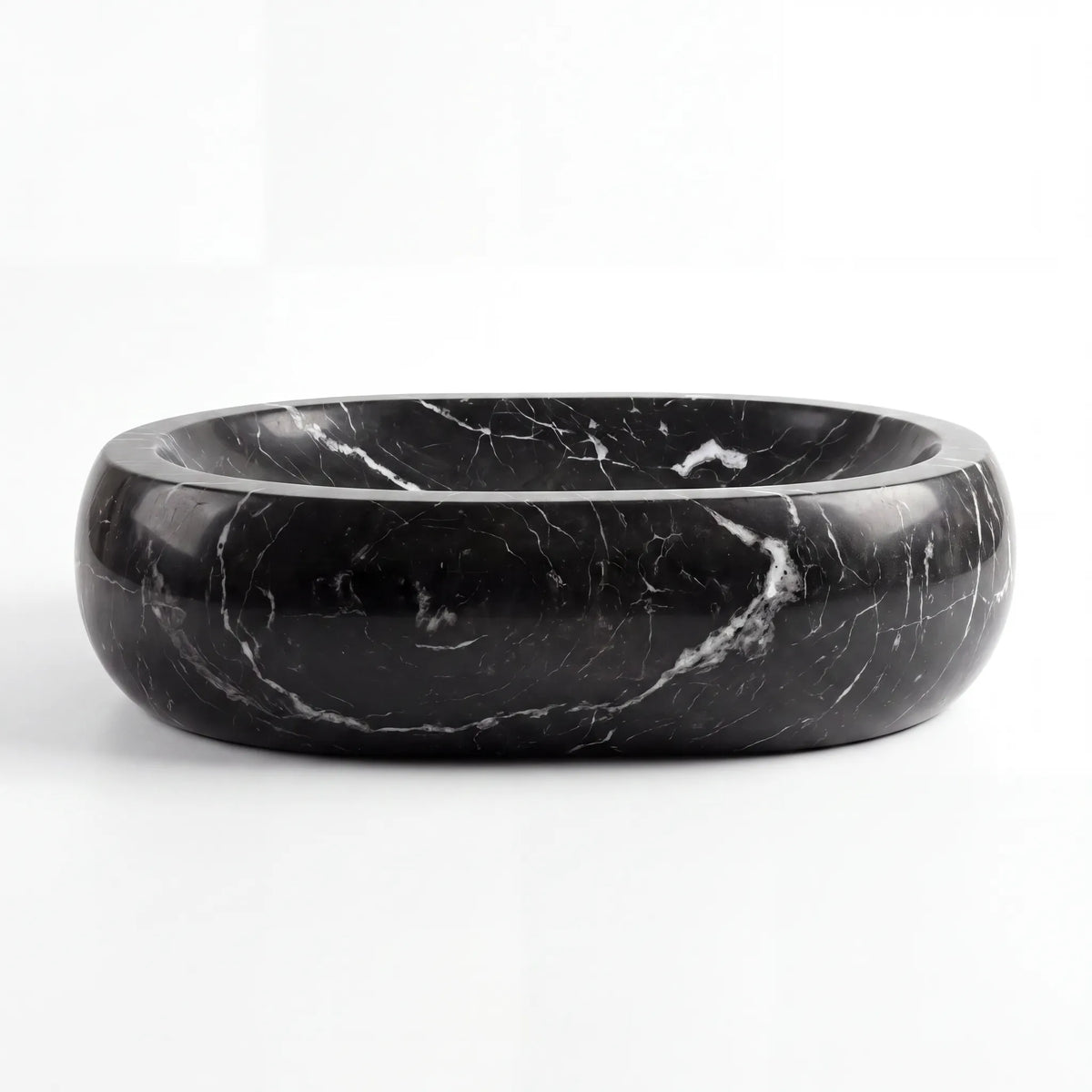 Front view of RMD-181 Nerovelle round Nero Marquina marble vessel sink with polished finish