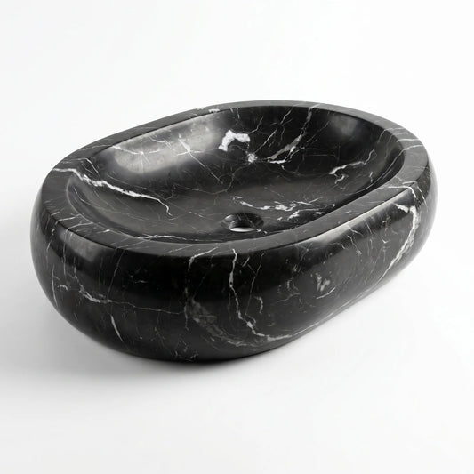 RMD-181 Nerovelle round Nero Marquina marble vessel sink with striking natural veining