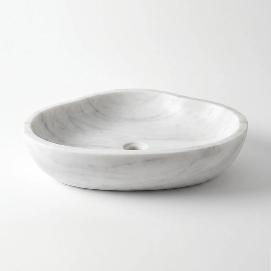 RMD-182 Carranova round Carrara white marble vessel sink with elegant natural veining
