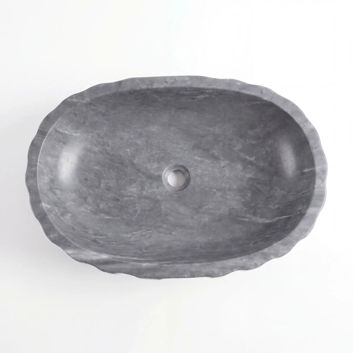 Detailed view of RMD-183 Grivelle grey marble vessel sink showing distinctive natural veining