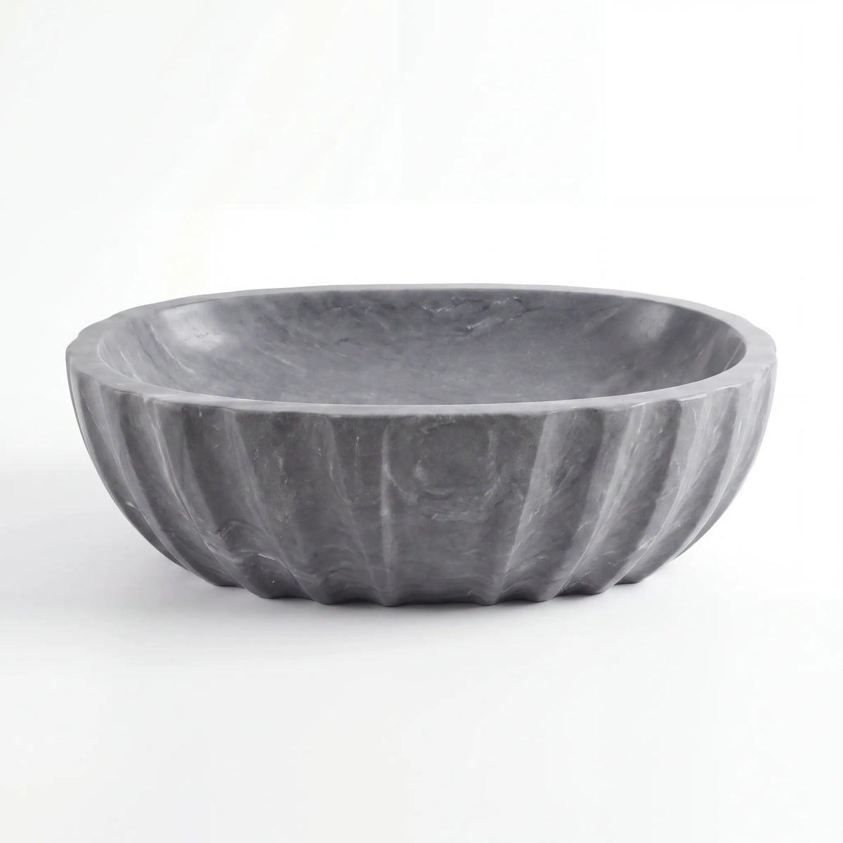 Front view of RMD-183 Grivelle round grey marble vessel sink with polished finish