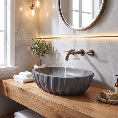 RMD-183 Round Grey Marble Vessel Sink Basin