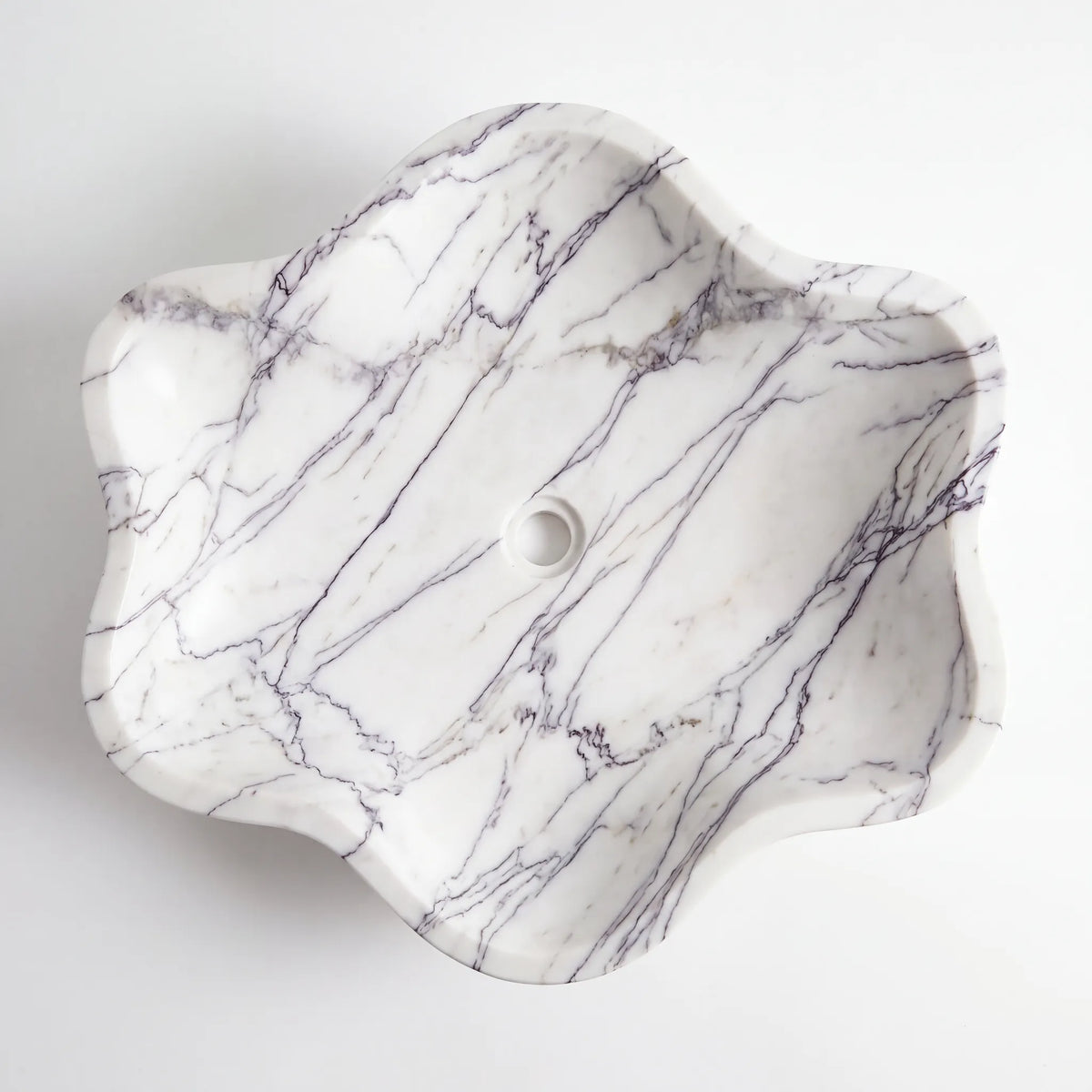 Detailed view of RMD-184 Liloria Lilac marble vessel sink showing distinctive natural veining