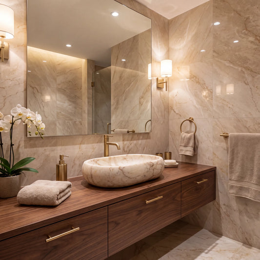 RMD-185 Auremont square Calacatta Gold marble vessel sink styled on an elegant bathroom vanity