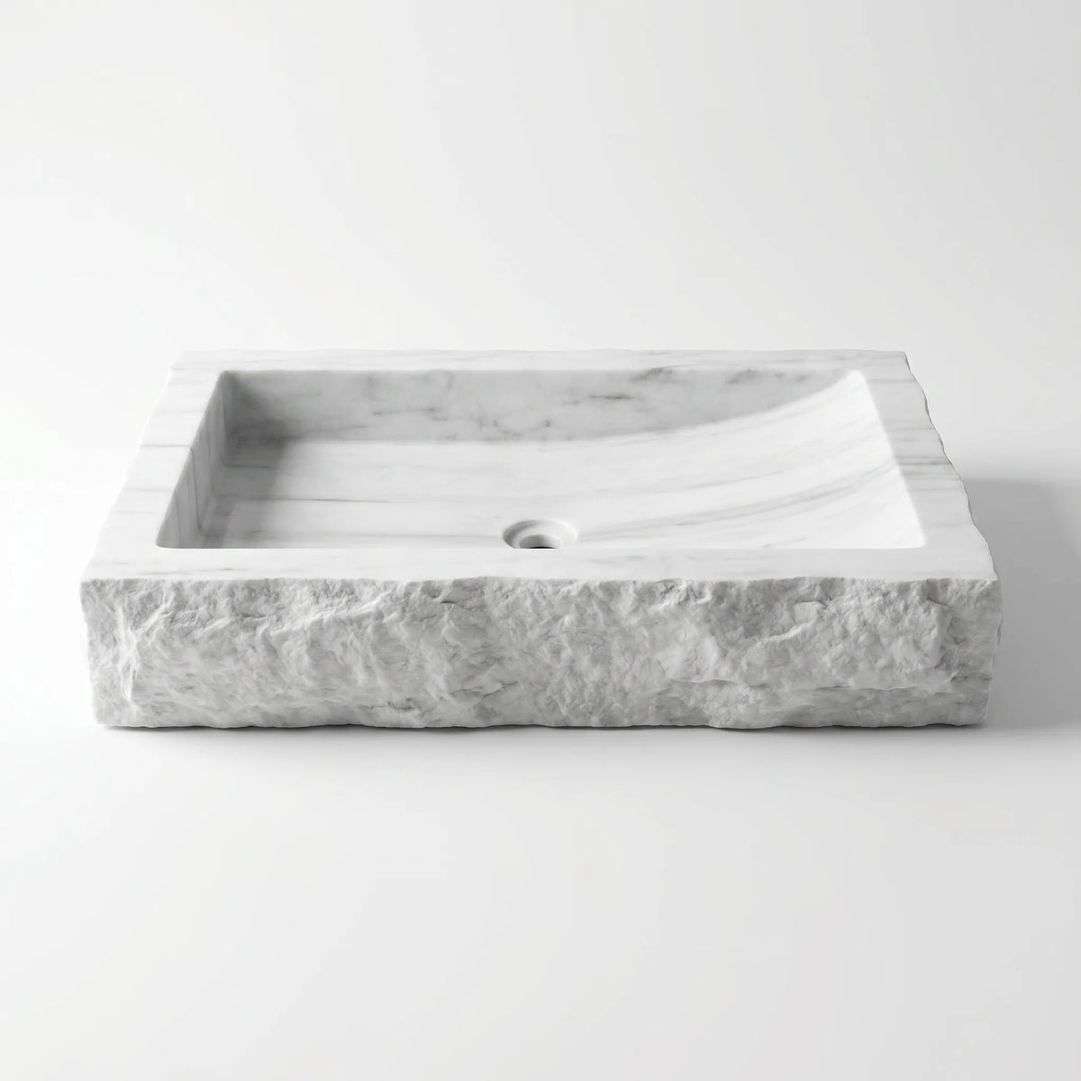 Front view of RMD-186 Carravene round Carrara white marble vessel sink with polished finish