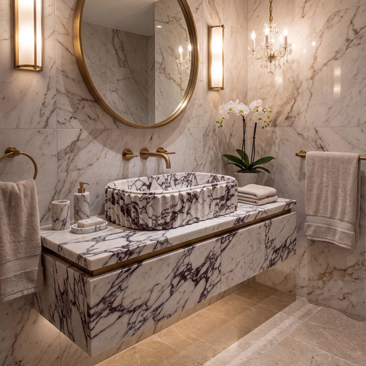 RMD-187 Vioretta round Calacatta Viola marble vessel sink styled on an elegant bathroom vanity
