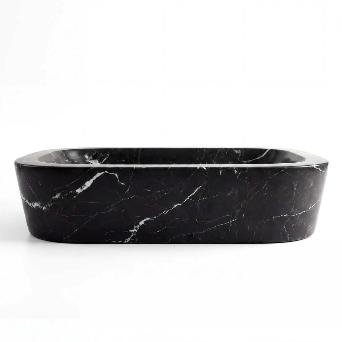 Front view of RMD-188 Nerovera rectangular Nero Marquina marble vessel sink with polished finish