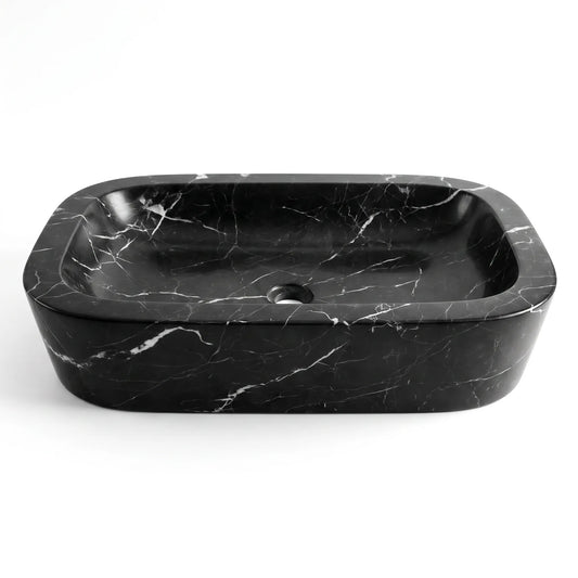 RMD-188 Nerovera rectangular Nero Marquina marble vessel sink with striking natural veining