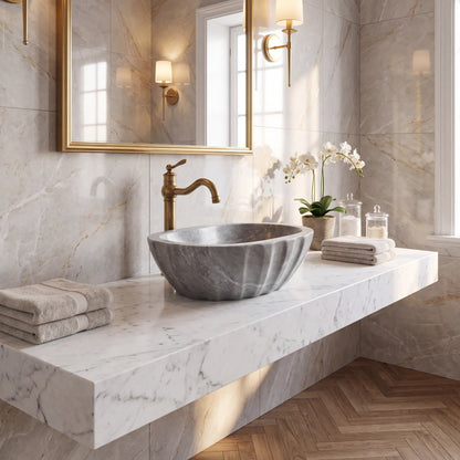 RMD-190 Oval Grey Marble Vessel Sink Basin